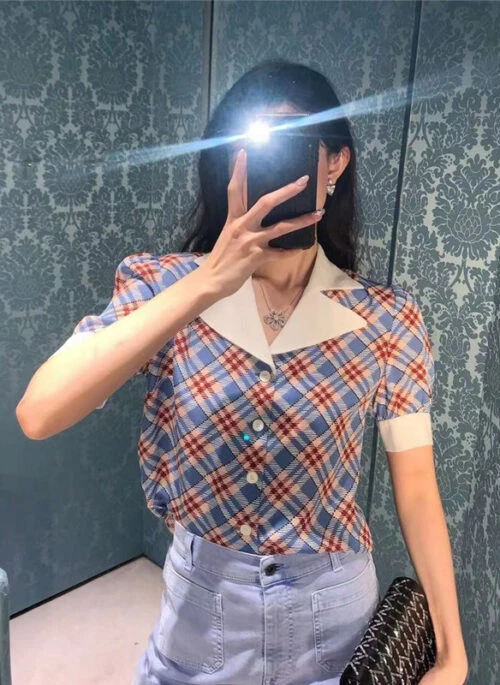 Blue Collared Check Print Blouse | Wendy – Red Velvet