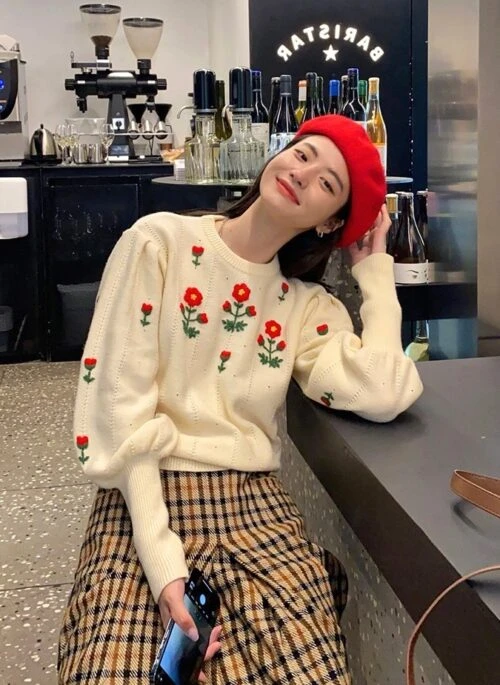 Beige Flower Embroidered Sweater | IU