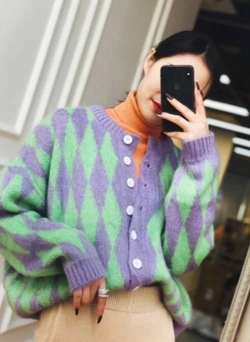 Lilac Diamond Pattern Cardigan | IU