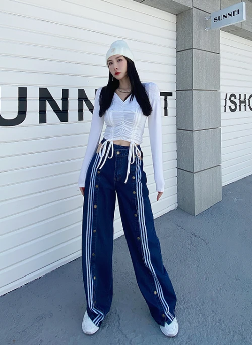 Blue Multi-Button Striped Denim Jeans | Lisa – BlackPink