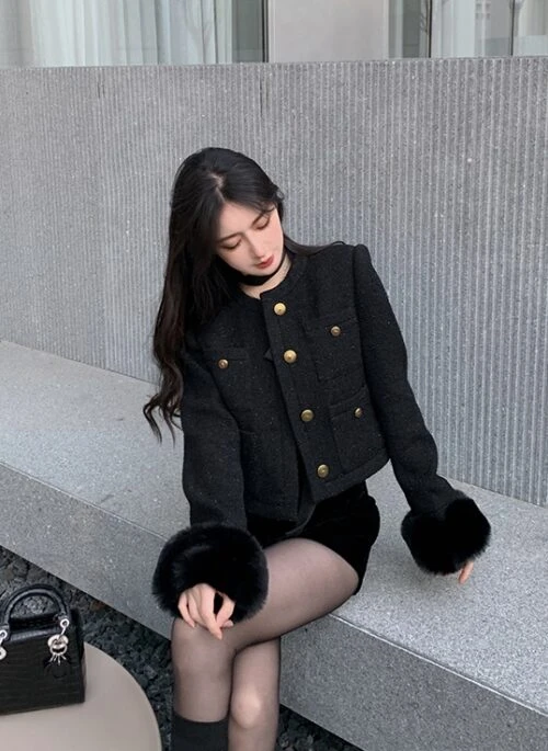 Black Tweed Jacket With Fur Cuffs | Rose – BlackPink