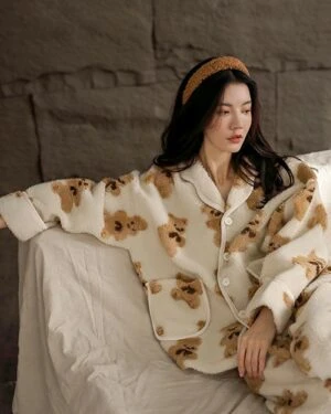 Beige Button Down Bear Pattern Pajama Set | Enhypen - Jungwon