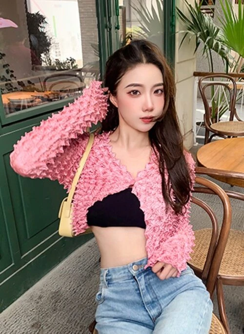Pink Crumpled Style Open Cardigan | Lisa - BlackPink
