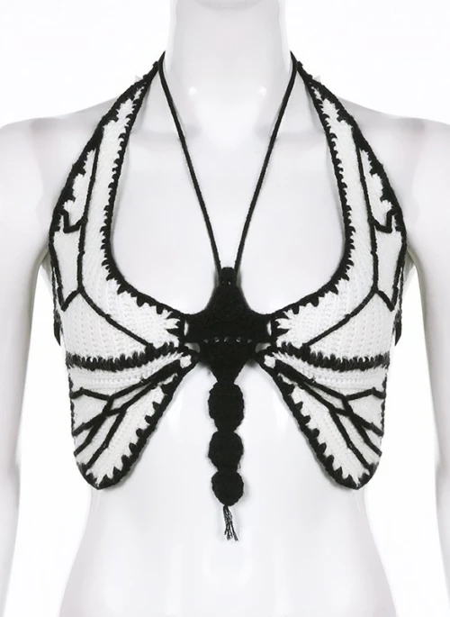 White Backless Crocheted Butterfly Crop Top | Ningning – Aespa