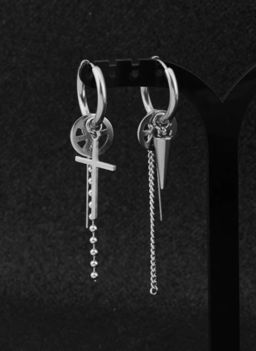 Silver Cross And Pendulum Asymmetrical Earrings | Jimin – BTS