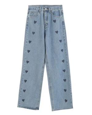 Blue Heart Stamped Denim Jeans | Joy - Red Velvet