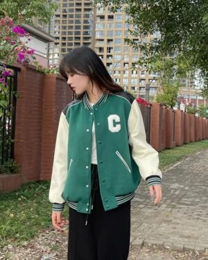 Green Leather Shoulders Baseball Jacket | Hueningkai - TXT