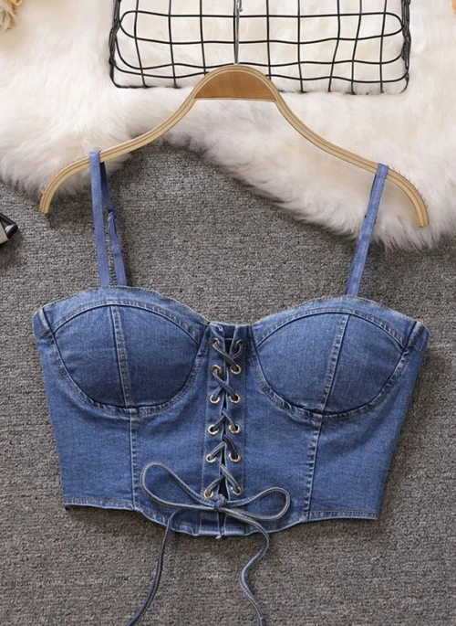 Blue Denim Lace-Up Crop Top | Olivia – Loona