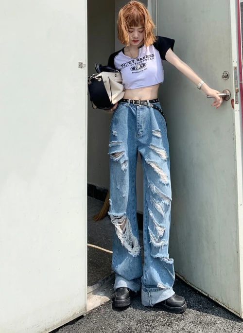 Blue Ripped High Waist Jeans | Yeji – ITZY