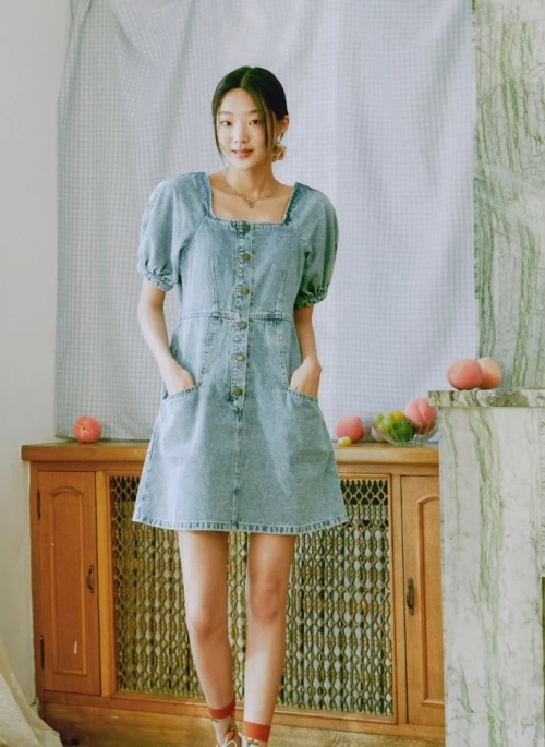 Blue Denim Puff Sleeves Dress | Lisa – BlackPink