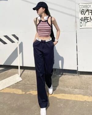 Navy Blue Folded Waist Pants | Jennie - BlackPink