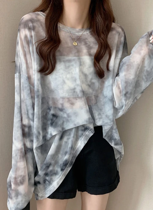 Grey Tie Dye Mesh Long Sleeves Top | Siyeon – Dreamcatcher