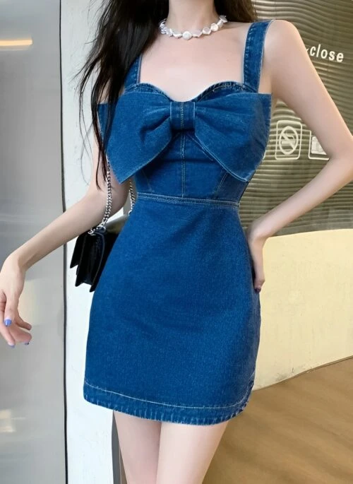 Blue Sleeveless Bow Denim Dress | Liz – IVE