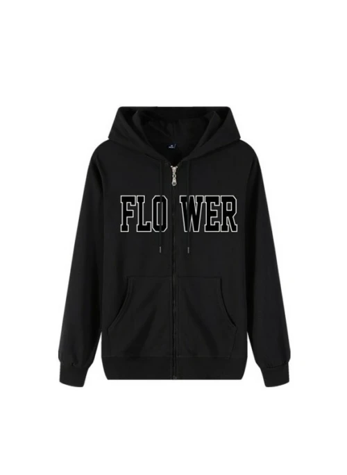 Black ‘Flower’ Lettering Print Hoodie Jacket | Chenle – NCT