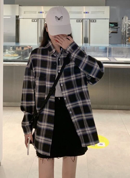 Black Oversized Plaid Shirt | Momo – Twice