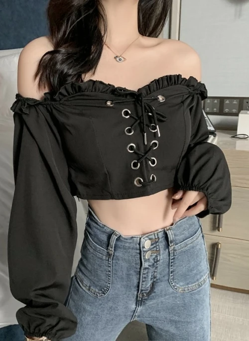 Black Off-Shoulder Lace Up Top | Wonyoung – IVE