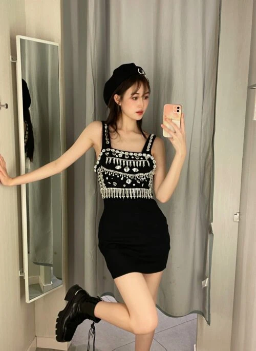 Rhinestone Bejeweled Black Dress | Wonyoung – IVE