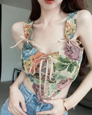 Beige Vintage Floral Corset Crop Top | Yoohyeon - Dreamcatcher