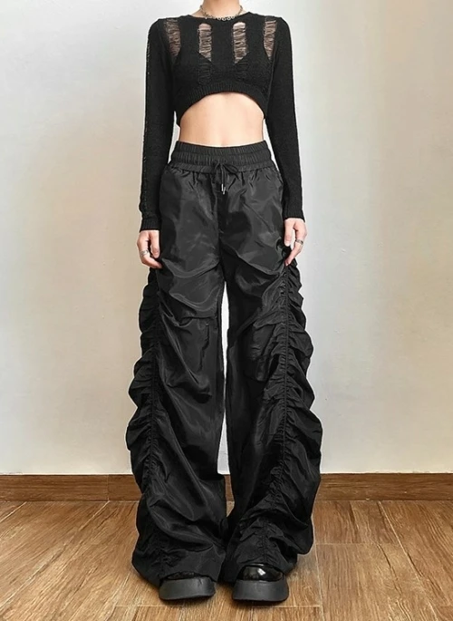 Black Ruched Wide Leg Pants | Chaewon – Le Sserafim