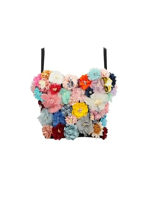 Multicolored Faux Flower Padded Crop Top | Jennie – BlackPink