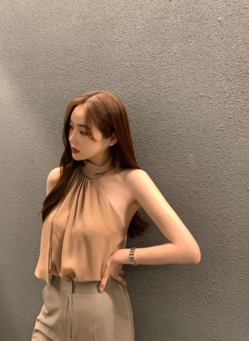 Beige Chiffon Halter Neck Top | Yoon Si Hyeon – Celebrity