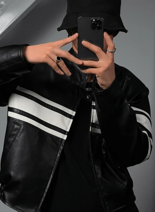 Black Faux Leather Three Stripe Jacket | Chanwoo – iKON