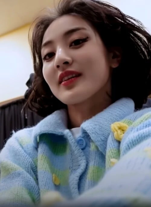 Blue Collared Stripe Sweater With Flower Embroidered | Jihyo – Twice