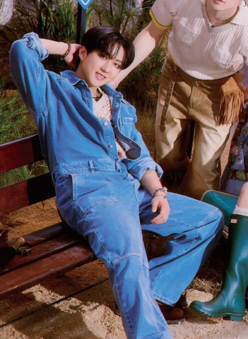 Blue Long Sleeves Denim Jumpsuit | Changbin – Stray Kids