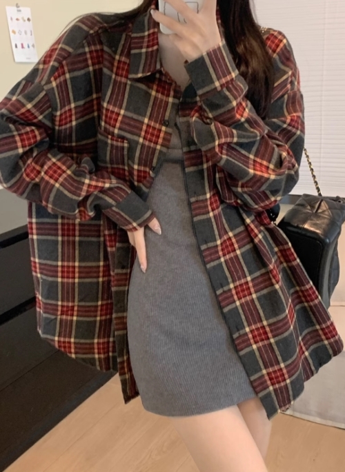 Grey And Red Plaid Long Sleeve Shirt | Taehyung – BTS