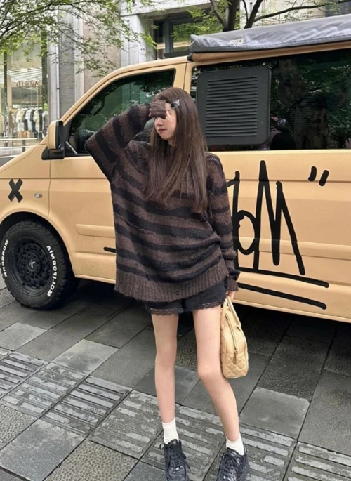 Brown Striped Distressed Knitted Sweater | Giselle - Aespa