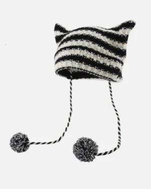 White And Black Striped Cat Ears Beanie | Wonyoung - IVE