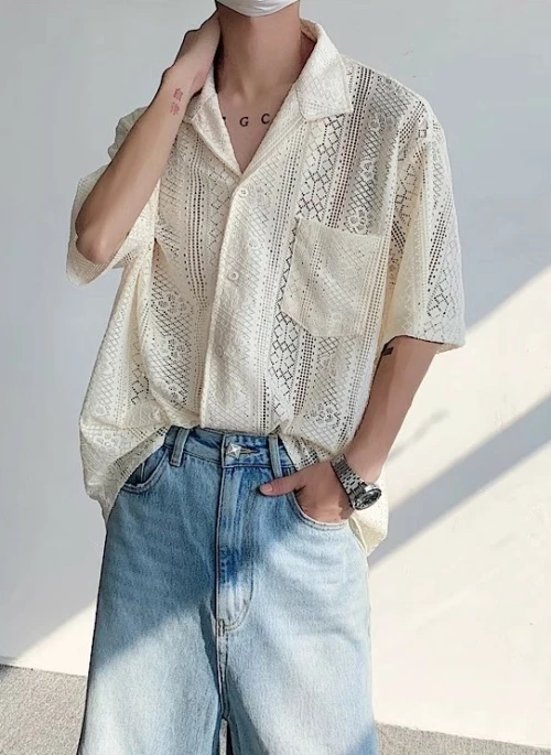 White Lace Button-Down Short Sleeves Shirt | Mingi – ATEEZ