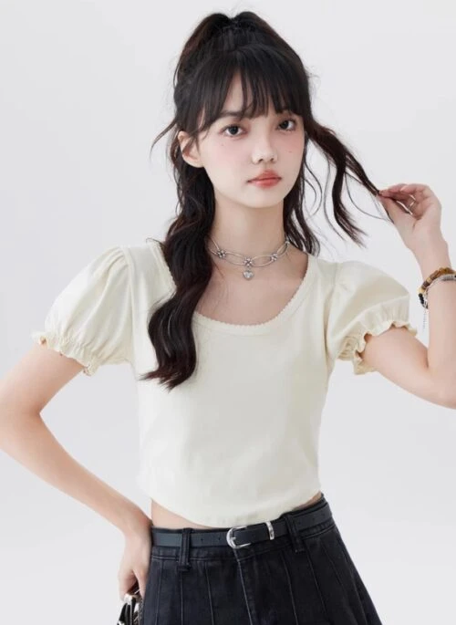 Beige Puff Sleeve Scoop Neck T-Shirt