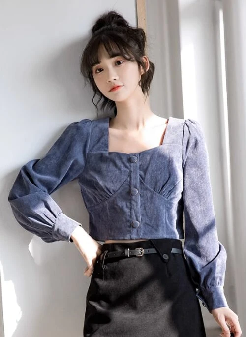 Blue Square Neck Puff Sleeve Shirt