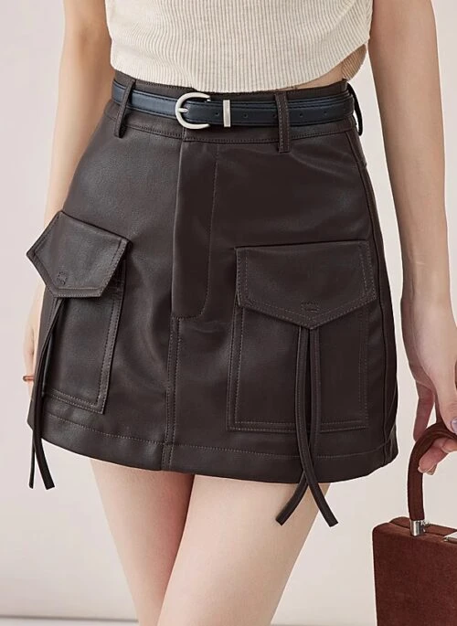 Brown Front Pockets Faux Leather Skirt