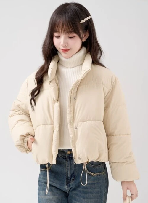 Beige Stand Collar Puffer Jacket