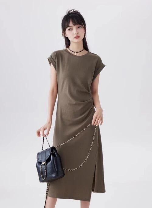 Green Short Sleeve Draped Waist Dress