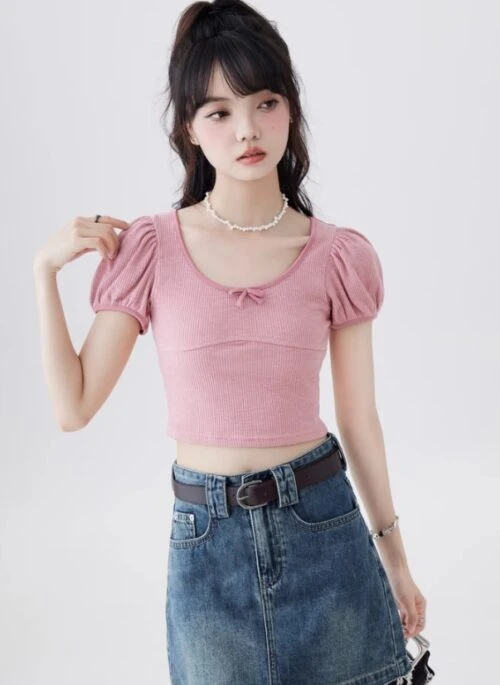 Pink Puff Sleeve Ribbon Crop T-Shirt