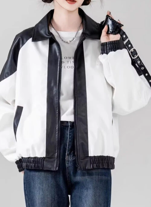 White And Black Contrast Faux Leather Jacket | Changbin – Stray Kids