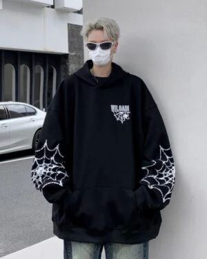 Black Spider Web Printed Hoodie | Felix - Stray Kids