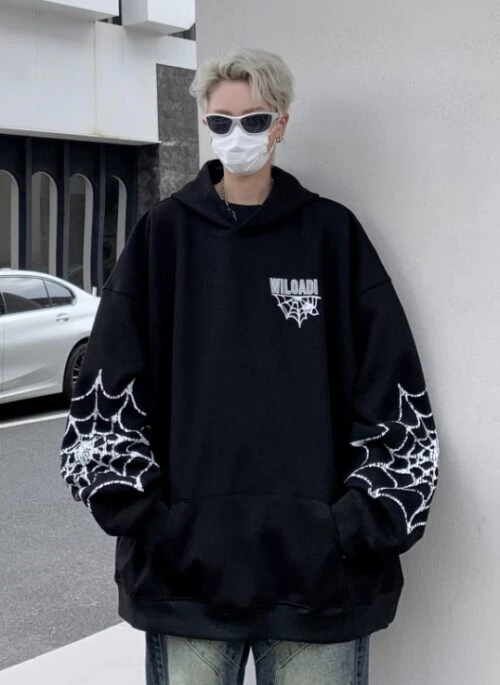 Black Spider Web Printed Hoodie | Felix – Stray Kids