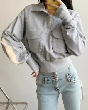 Grey Half-Zip Collared Sweatshirt | Lisa - BlackPink