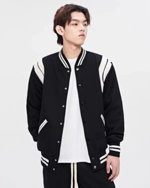 White Lined Black Baseball Jacket | Rose - BlackPink