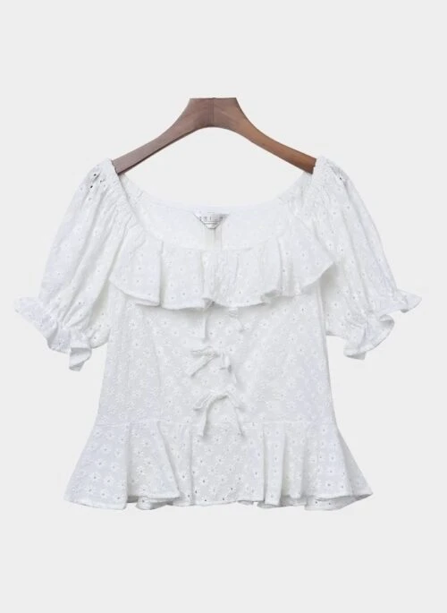 White Ruffled Puff Sleeves Bow Blouse | Wendy – Red Velvet