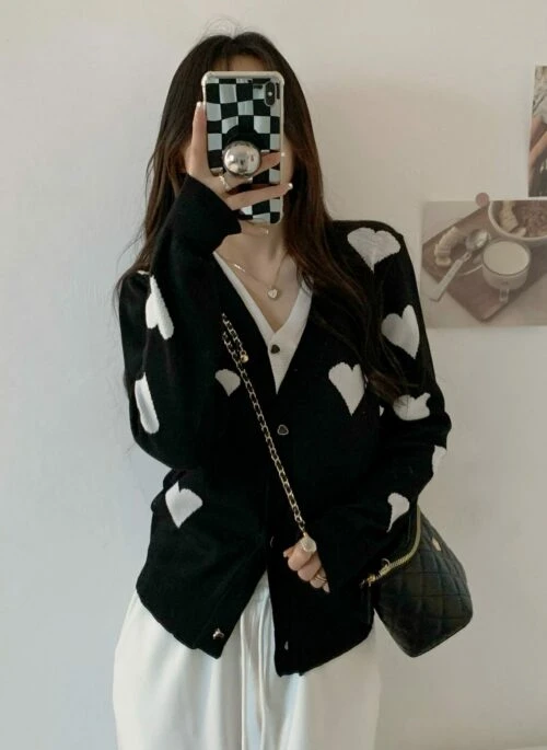 Black Cardigan With White Hearts Pattern | Yoshi – Treasure