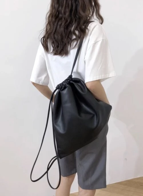 Black Faux Leather Drawstring Bag | Jennie – BlackPink