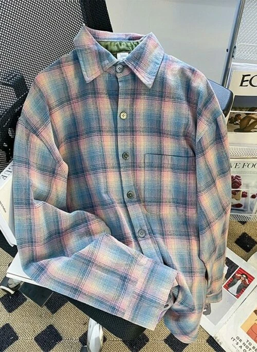 Blue Plaid Long Sleeves Shirt | Ahyeon – BabyMonster