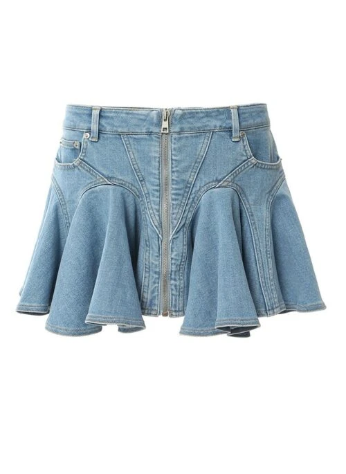 Blue Zip-Up Ruffled Denim Skirt | Ruka – BabyMonster