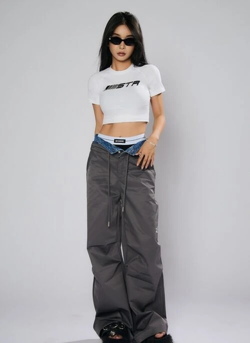 Grey Parachute Denim Panelled Pants | Jihyo – Twice