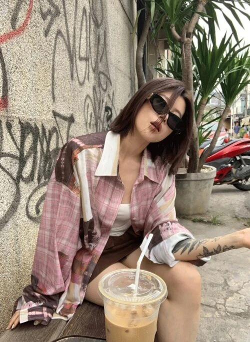 Pink Button-Up Plaid Shirt | San – ATEEZ